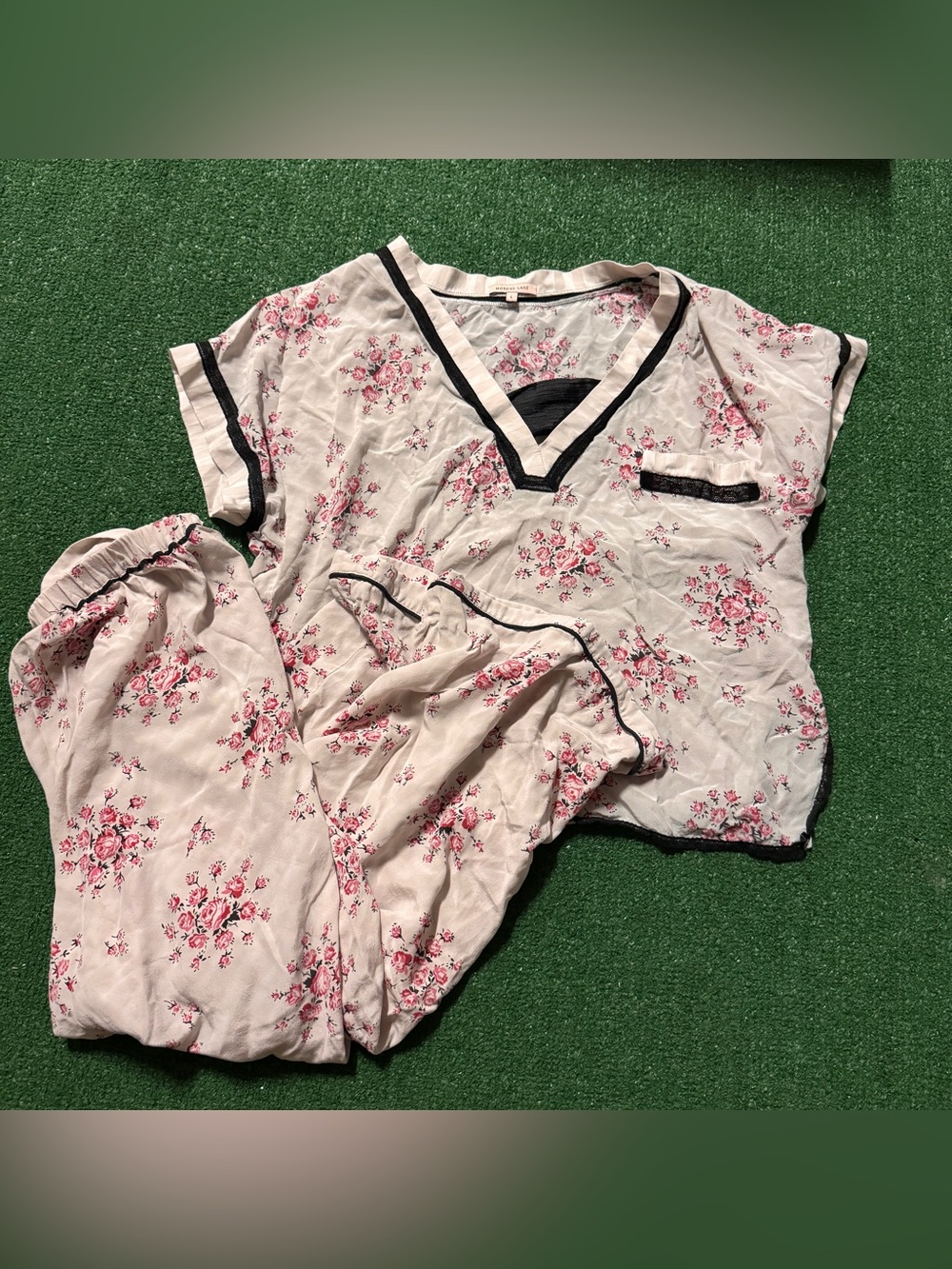 Morgan Lane Pink Floral V-Neck Pajama Set with Black Trim